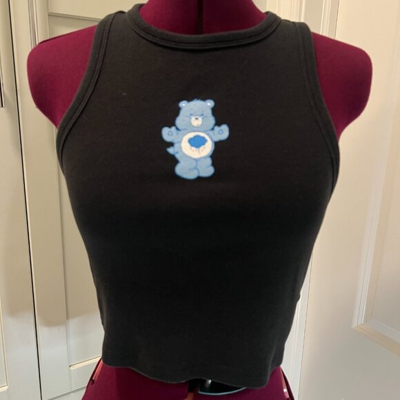Y2K CARE BEARS Black Crop Stretch Baby Tank Top with Grumpy Bear | 95% Cotton - Picture 1 of 10